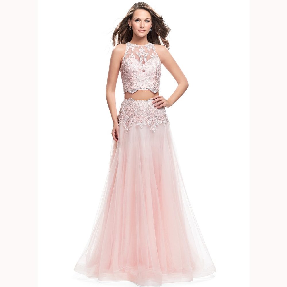 La Femme Blush Pink Two Piece Prom Dress